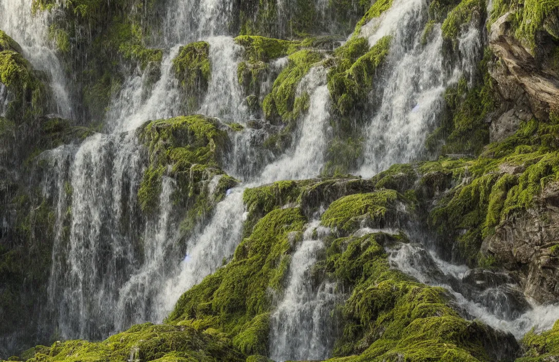 Image similar to a highly detailed textured waterfall within a swiss landscape, detailed, hyperreal phantastic, intricate details in environment, golden ratio, high aestehtic, cinematic light dramatic light, lightrays, distance, photobash, wideangle, terrence malick, hyperreal 4 k