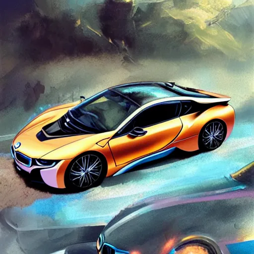 Image similar to bmw i 8 colorful, fantasy, intricate, highly detailed, digital painting, hq, trending on artstation, illustration, style of stanley artgerm and greg rutkowski and dan mumford