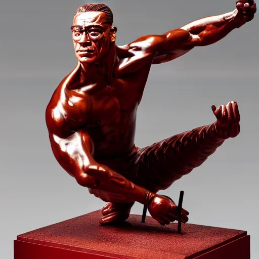 Prompt: museum van damm doing splits sit on the leg twine portrait statue monument made from porcelain brush face hand painted with iron red dragons full - length very very detailed intricate symmetrical well proportioned