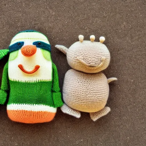 Prompt: A cute knitted walrus, penguin and frog”