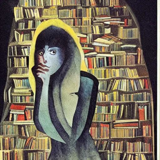 Image similar to the philosopher woman recludes from the world surrounded by a pile of books, art by dave mckean and leonora carrington