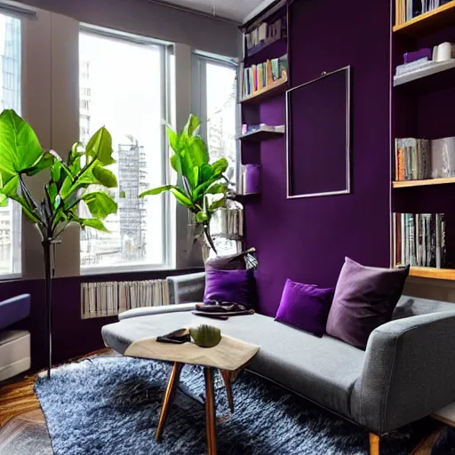 Image similar to award winning interior design city apartment, cozy, fabrics and textiles, deep purple accent color, book shelf, couch, desk, balcony door, plants, photograph magazine, wide angle