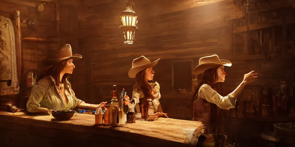 Prompt: an environmental concept art of a female cowboy, getting a drink in the saloon, highly detailed, cinematic, dramatic lighting, close shot by francis tneh