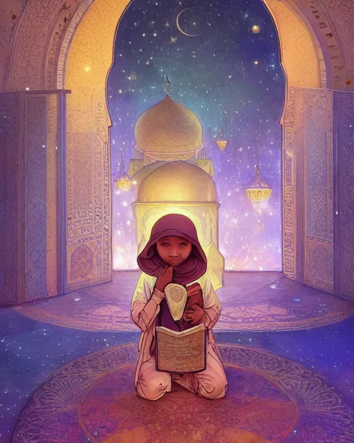 Image similar to bedouin child reading the quran inside of the mosque in the galaxy surrounded by nebula, highly detailed, gold filigree, romantic storybook fantasy, soft cinematic lighting, award, disney concept art watercolor illustration by mandy jurgens and alphonse mucha and alena aenami, pastel color palette, featured on artstation