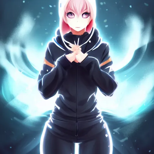 Image similar to advanced anime character art render, beautiful anime girl wearing a black orca skin hoodie outfit ,big blue watery eyes, mid shot , medium shot, Rossdraws, WLOP , Sakimimichan