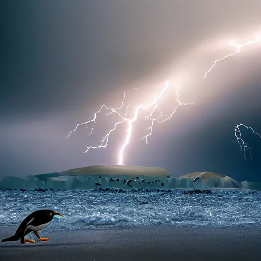 Image similar to penguins running away from a lightening storm, wildlife photography, highly detailed, high quality, 8 k, soft lighting,