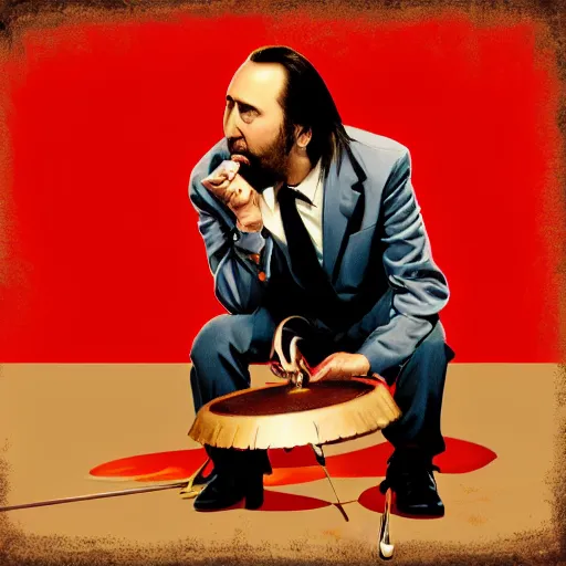 Image similar to nic cage breaking a drum over his knee, stylized album cover