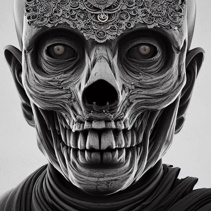 Image similar to portrait of Buddhist Monk as skeleton. intricate abstract. intricate artwork. by Tooth Wu, wlop, beeple, dan mumford. octane render, trending on artstation, greg rutkowski very coherent symmetrical artwork. cinematic, hyper realism, high detail, octane render, 8k, iridescent accents