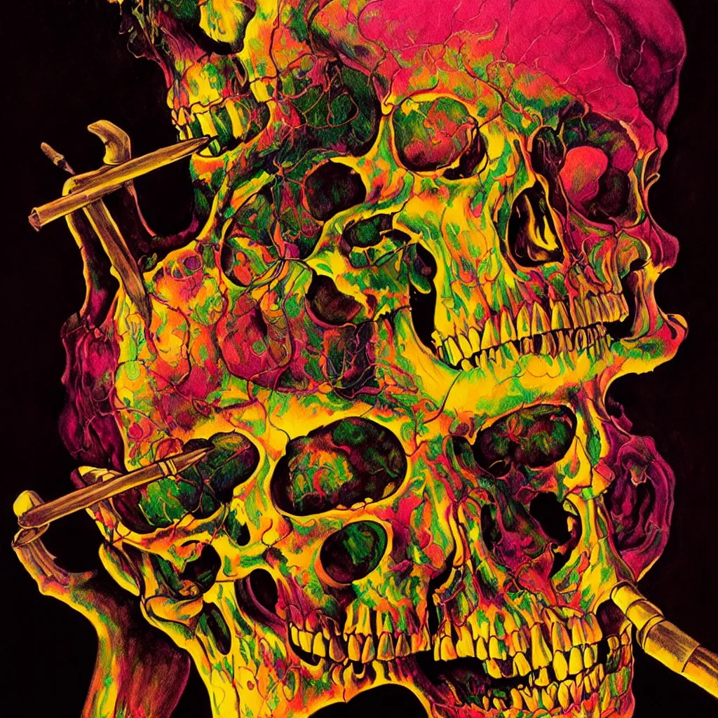 Image similar to bright psychedelic photo of SYD BARRETT SKULL SMOKING, diffuse lighting, fantasy, intricate, elegant, highly detailed, lifelike, photorealistic, digital painting, artstation, illustration, concept art, smooth, sharp focus, art by John Collier and Albert Aublet and Krenz Cushart and Artem Demura and Alphonse Mucha