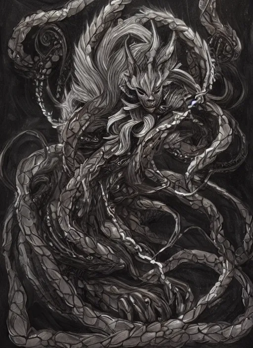 Prompt: a studio portrait of ninetails cultist of yog sothoth chains iridium bangles arcane and ultrafine detailed painting, detailed painting, detailed glowing eyes!!, final fantasy lovecraft ghibly dark ominous atmosphere