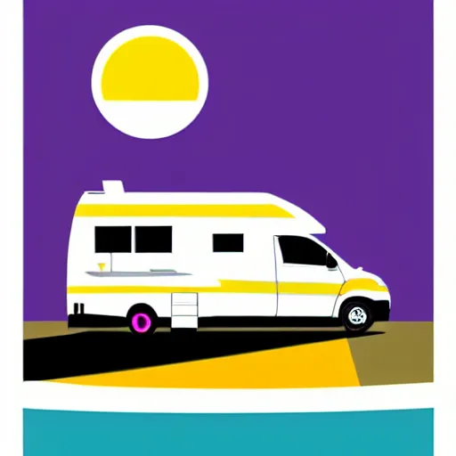 Image similar to minimal vector art sticker of a white and black cute thor chateau! motorhome camper!!, mountains, colorful sunset!!, thick lines, very minimal vector art, sticker!! by tom whalen