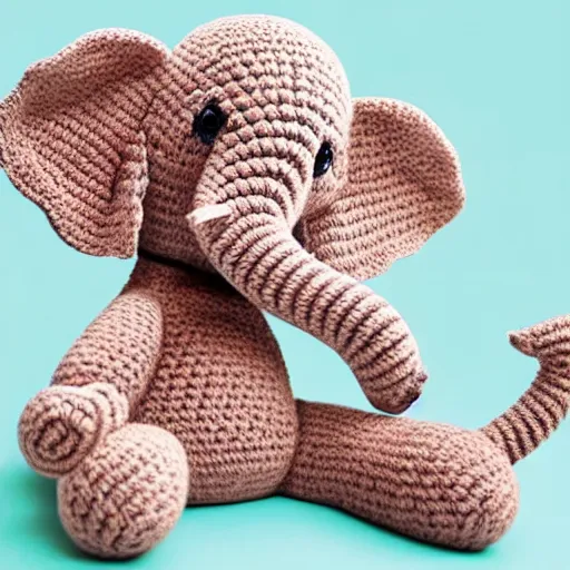 Image similar to close up of a cute crocheted elephant, concept art, illustrated, highly detailed, high quality, bright colors, optimistic,