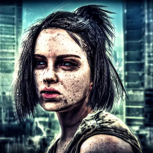 Image similar to pretty face, wide angle lens, photorealistic, 4k, background of destroyed city post apocalyptic, steakpunk, soft lighting, portrait