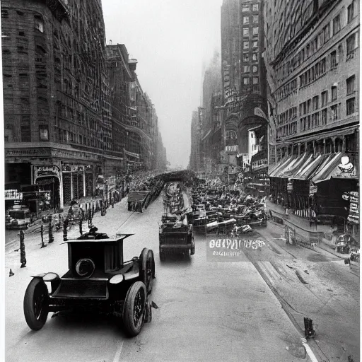 Prompt: old black and white photo, 1 9 1 3, depicting batman's batmobile from dark knight rampaging through the bustling streets of new york city, rule of thirds, three - point perspective, historical record