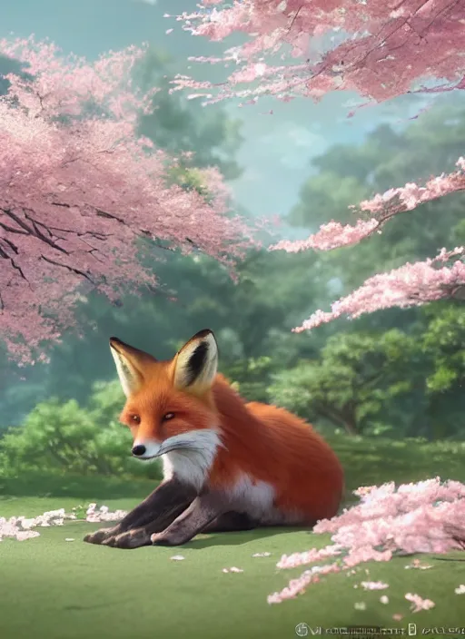 Image similar to a fox sitting curled up under a Sakura tree, subtle colors. Digital illustration, soft lighting, atmospheric lighting, 8K, octane render. By Makoto Shinkai, Stanley Artgerm Lau, WLOP, Rossdraws, James Jean, Andrei Riabovitchev, Marc Simonetti, krenz cushart, Sakimichan, D&D trending on ArtStation, digital art.