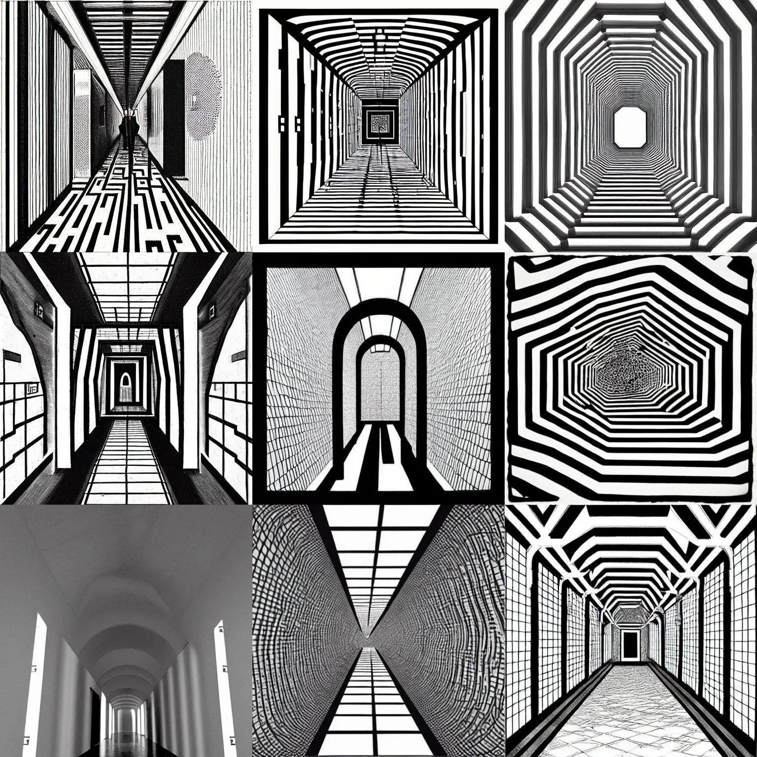 Prompt: “A non-Euclidean bright white hallway, by Junji Ito, by MC Escher”