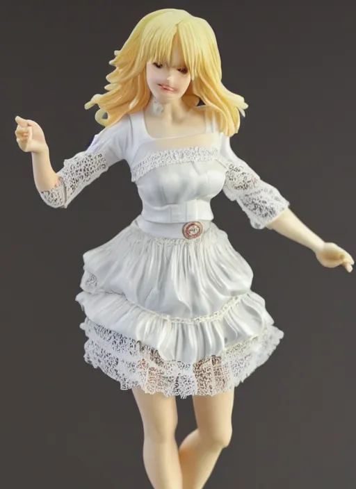 Prompt: Product Introduction Photos, 4K, Full body, 80mm resin detailed miniature of an attractive mature lady in White and short lacy ruffled skirt, Blonde hair