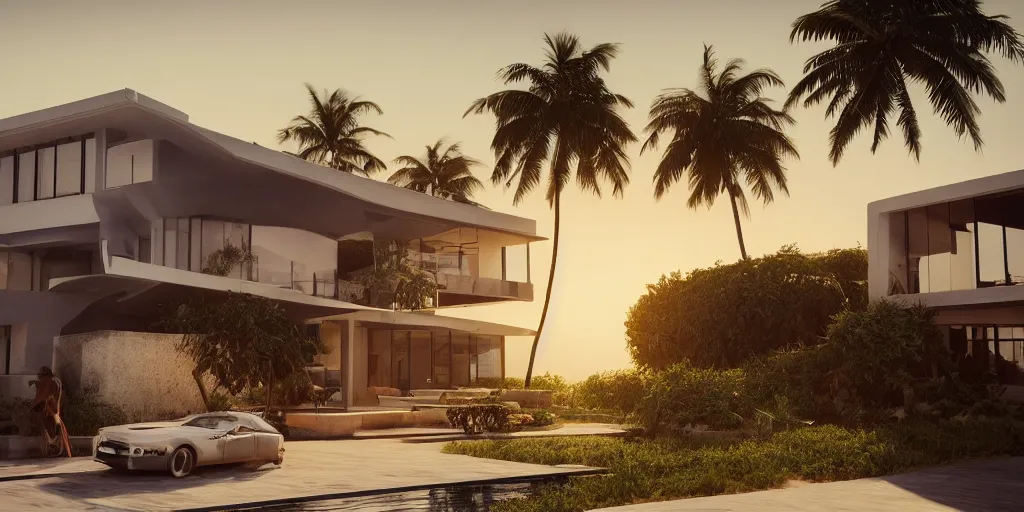 Prompt: modern house in a tropical setting, a view of the beach, coconut trees, sunset, concept art, beautiful, cinematic dramatic atmosphere, volumetric cinematic perfect light, detailed octane render trending on artstation, 8 k, by chris hytha and jag studio