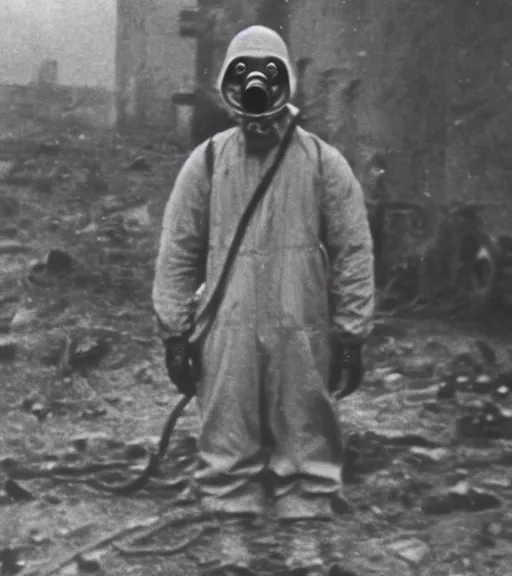 Image similar to man in a anti-radiation hazmat suit and optical gasmask holding geiger counter, ww1 film photo, grainy, high detail, high resolution