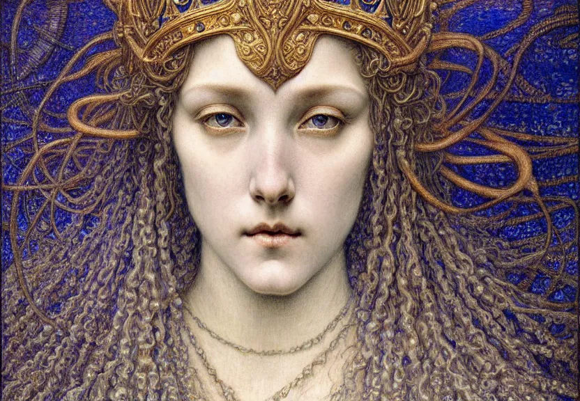 Image similar to detailed realistic beautiful young medieval queen face portrait by jean delville, gustave dore and marco mazzoni, art nouveau, symbolist, visionary, gothic, pre - raphaelite. horizontal symmetry