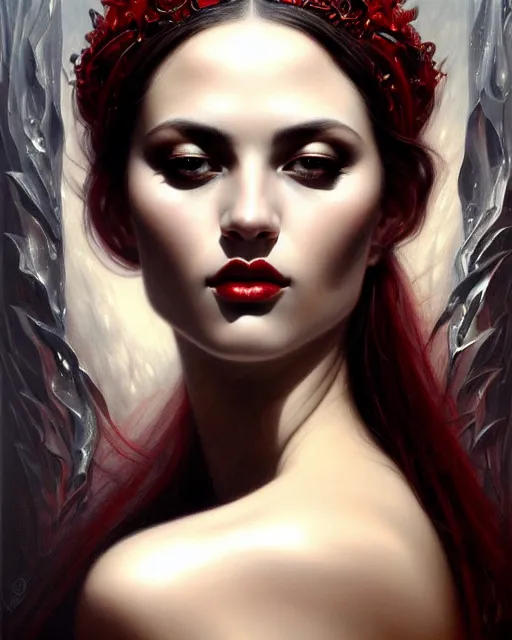 Prompt: portrait of a beautiful goddess, enigmatic beauty, dominant shades of black gold, silver, dark red, white, head in focus, fantasy art, ornamental aesthetics, intricate, elegant, highly detailed, hyperrealistic painting, artstation, concept art, painterly, sharp focus, illustration, art by karol bak