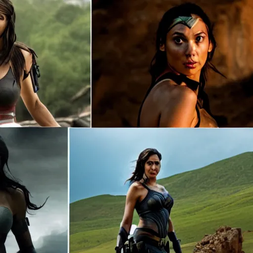 Image similar to still film of gal gadot as lara croft, cinematic, dramatic, middle shot