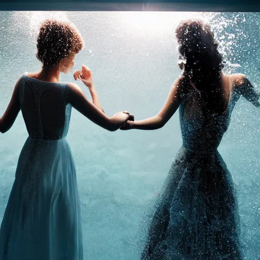 Image similar to two women under water holding hands, photo realistic, intricate details, flowing dresses and hair, volumetric lighting