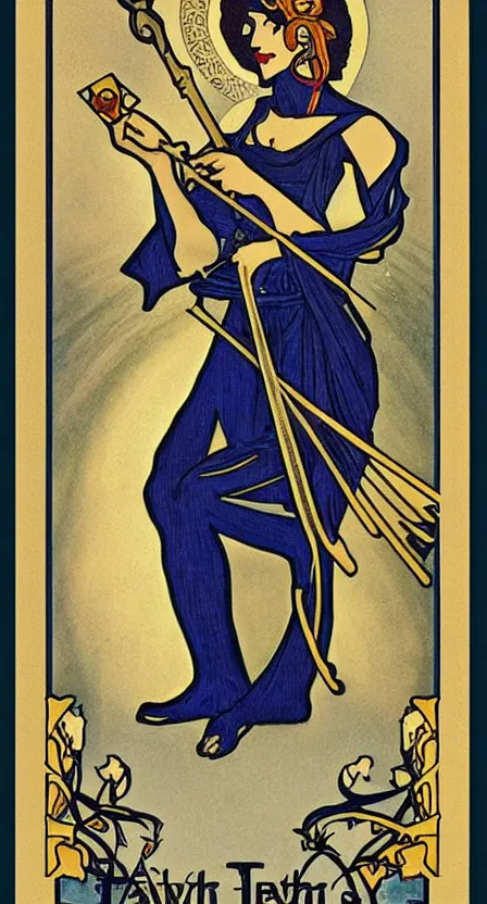 Prompt: a tarot card of death with a scythe, illustrated in an art deco style by tamara de lempika and an elegant border by alphonse mucha.