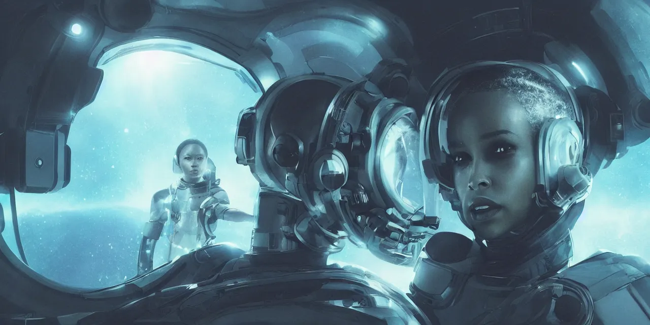 Image similar to Zoe Kravitz with short hair as a futuristic astronaut, outside large window of ship, helmet with HUD led lights, underwater in the ocean at night, dark water, volumetric lighting, glowing lights, 4k, octane, digital painting, artstation, concept art, sharp focus, illustration, high contrast, high saturation , cinematic film still, art by artgerm and greg rutkowski and alphonse mucha , wide angle view,