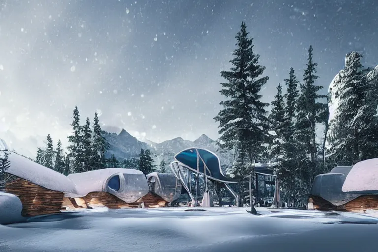 Image similar to futuristic cottage settlement with in the forest on the foot of the Elbrus mountain mountain covered by snow, architecture, matte painting, high details