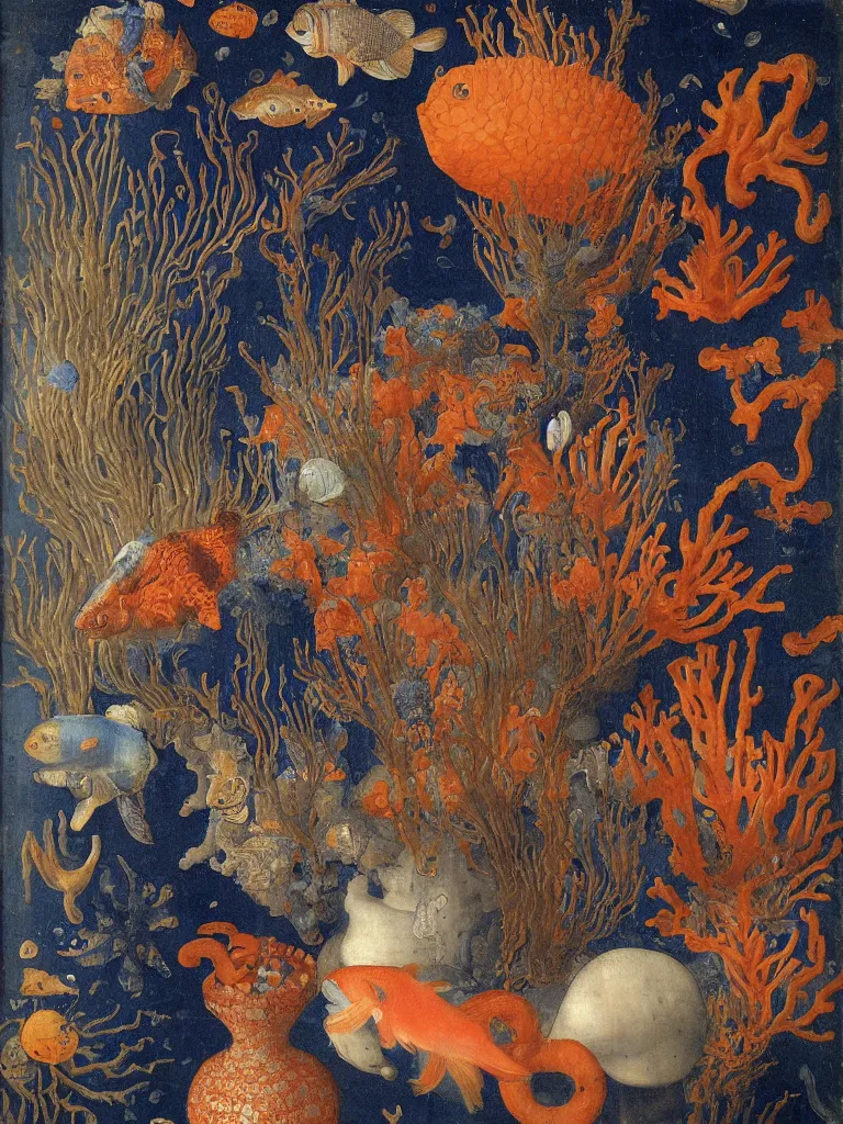 Image similar to bottle vase of coral under the sea decorated with a dense field of stylized scrolls that have opaque outlines enclosing mottled blue washes, with orange shells and purple fishes, Ambrosius Bosschaert the Elder, oil on canvas