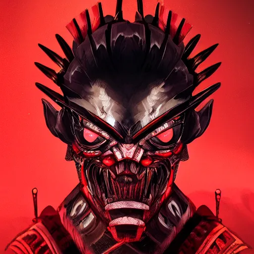 Image similar to a vivid portrait of a predator samurai, trending on artstation, scary, intimidating, dark, unreal engine, studio lighting, black and red color scheme