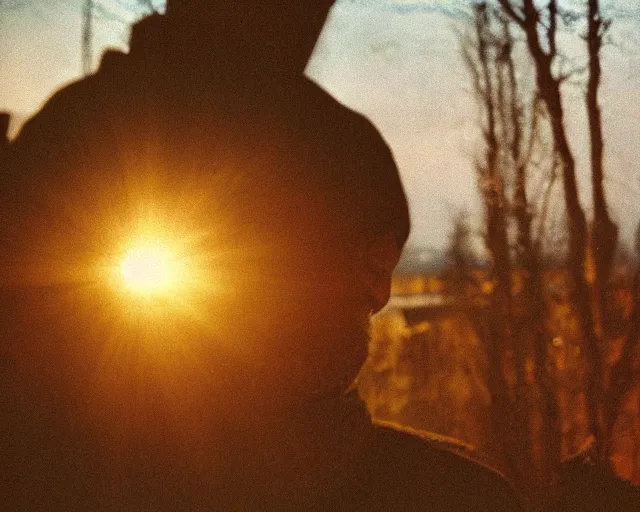 Prompt: award - winning lomographic tarkovsky film still of 4 0 years russian man with beard and sweater standing on small hrushevka 9 th floor balcony in taiga looking at sunset, cinestill, bokeh