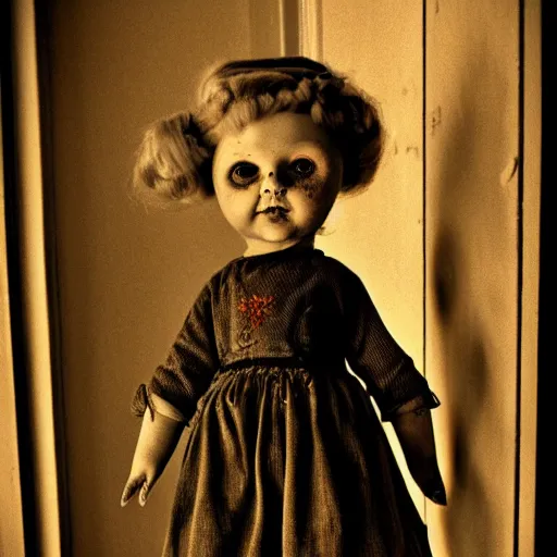 Prompt: creepy vintage doll in darkly lit hallway