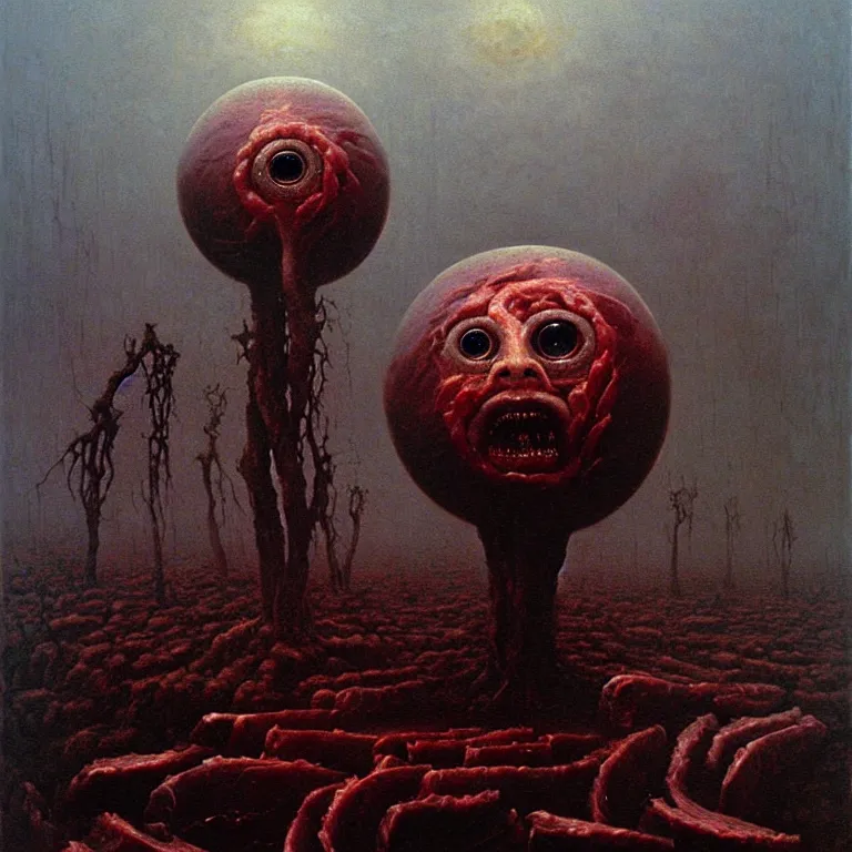 Prompt: a horrifying sphere of meat and eyeballs, by zdzisław beksinski and greg rutkowski, surreal, horror, oil on canvas, dark, nightmare fuel, highly detailed, hd
