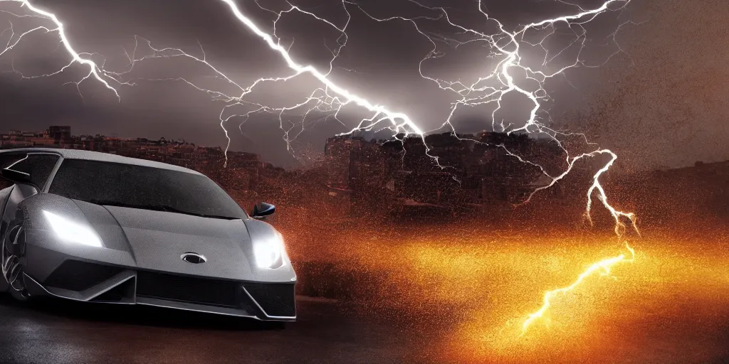 Image similar to rentgen photo of lamboghini get hit by lightning strike, 8k, photorealism,