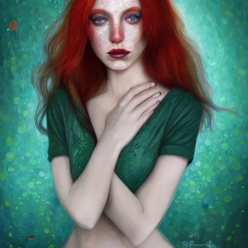 Prompt: a red haired, beautiful woman with blue / green eyes, some freckles, pale skin deep focus, elegant, digital painting, smooth, sharp focus, 8 k, art by jasmine becket griffith and tim burton