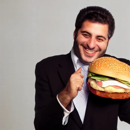 Image similar to clean - shaven smiling white chubby italian american man in his 4 0 s wearing a brown long overcoat and necktie holding a giant burger, 2 0 0 0 avertising promo shot