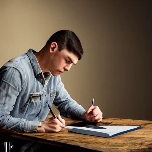 Image similar to a photograph of a man writing the novel of his life story, award - winning photograph, studio lighting, dramatic colors, striking lighting, perfect composition