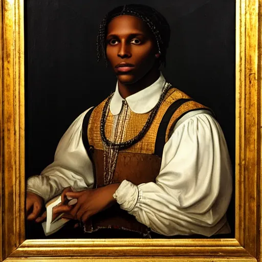 Image similar to a renaissance style portrait painting of asap rocky