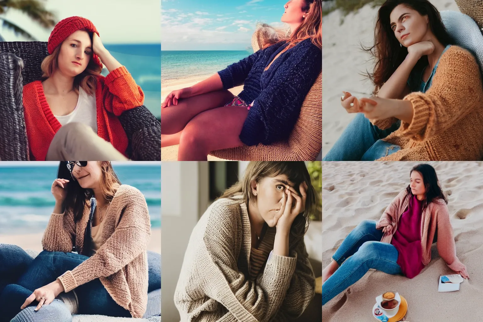 Prompt: a woman in her twenties wearing two cardigans over a knit sweater, sitting in a lounge chair on a tropical beach in the summer, arms crossed, shivering, 2018, trending on instagram 4k