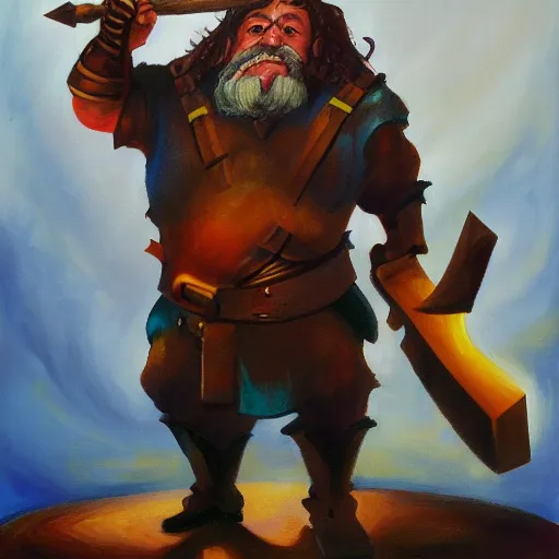 Image similar to portrait painting of a fantasy dwarf fighter with a huge iron axe, medium shot, asymmetrical, profile picture, organic painting, sunny day, bold shapes, hard edges, by ralph bakshi