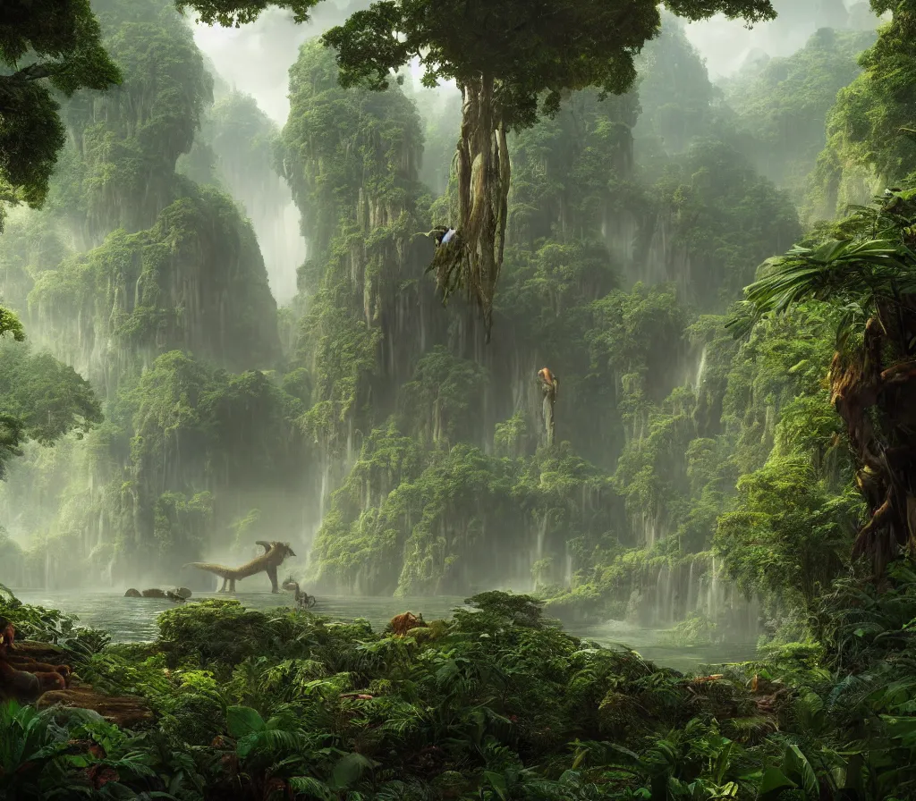 Image similar to matte painting of bigfoot in rain forest, large dinosaurs in background, style by thomas cole and greg rutkowski and ross tran, global illumination, unreal engine!!!