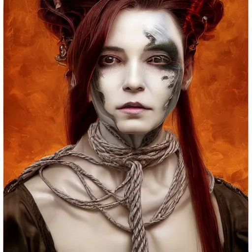 Image similar to portrait of a Shibari rope wrapped face and neck, headshot, insanely nice professional hair style, dramatic hair color, digital painting, of a old 15th century, old cyborg merchant, amber jewels, baroque, ornate clothing, scifi, realistic, hyperdetailed, chiaroscuro, concept art, art by Franz Hals and Jon Foster and Ayami Kojima and Amano and Karol Bak,