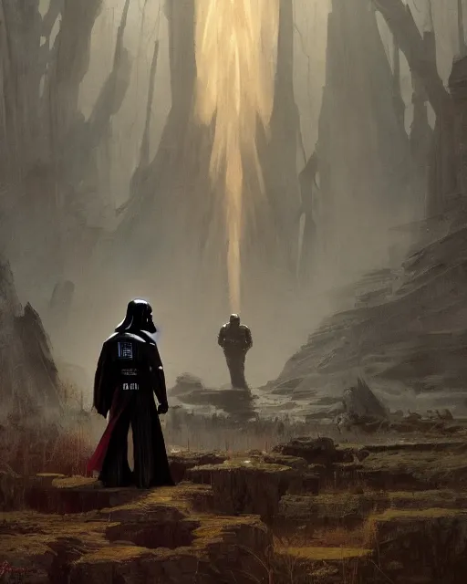 Image similar to Darth vader, fantasy, illustrated by Greg Rutkowski and Caspar David Friedrich, high detail, god rays, Trending on artstation, artstationHD, artstationHQ