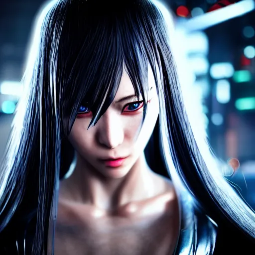 Image similar to An epic comic hyperrealistic anime painting of a cyber warrrior girl wearing futuristic wardrobe, black and silver, ultradetailed face expression trending on artstation and artbreeder, cyberpunk 2077 color, heavy rainning at tokyo street night, neon ligh, DAZ, 8k, unreal 5 engine render, cosplay, RPG portrait, final fantasy Vll world concept, dramatic lighting, rim lights, PS5 render quality