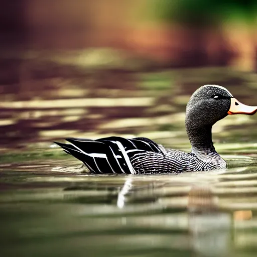 Image similar to a photo of a duck holding a knife with its beack, high quality, strong bokeh, 4k