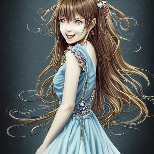 Prompt: a portrait of a cute woman with a big smile and long flowy hair, digital painting by ilya kuvshinov, wearing an ornate dress with lots of necklaces, by reiq, by takeshi obata, beautiful woman, hiromu arakawa, masashi kishimoto, 4 k wallpaper, masterpiece, gorgeous, stunning