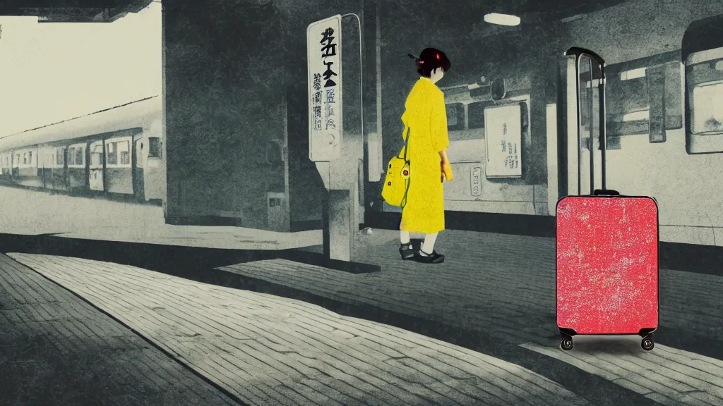 Image similar to an explorer's luggage on the train platform, rural japan, a collage painting, in the style of wes anderson, lola dupre, david hockney, isolated on negative white space background dark monochrome neon spraypaint accents volumetric octane render