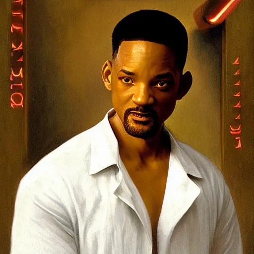 Image similar to Painting of Will Smith as Neo in The Matrix. Art by william adolphe bouguereau. During golden hour. Extremely detailed. Beautiful. 4K. Award winning.